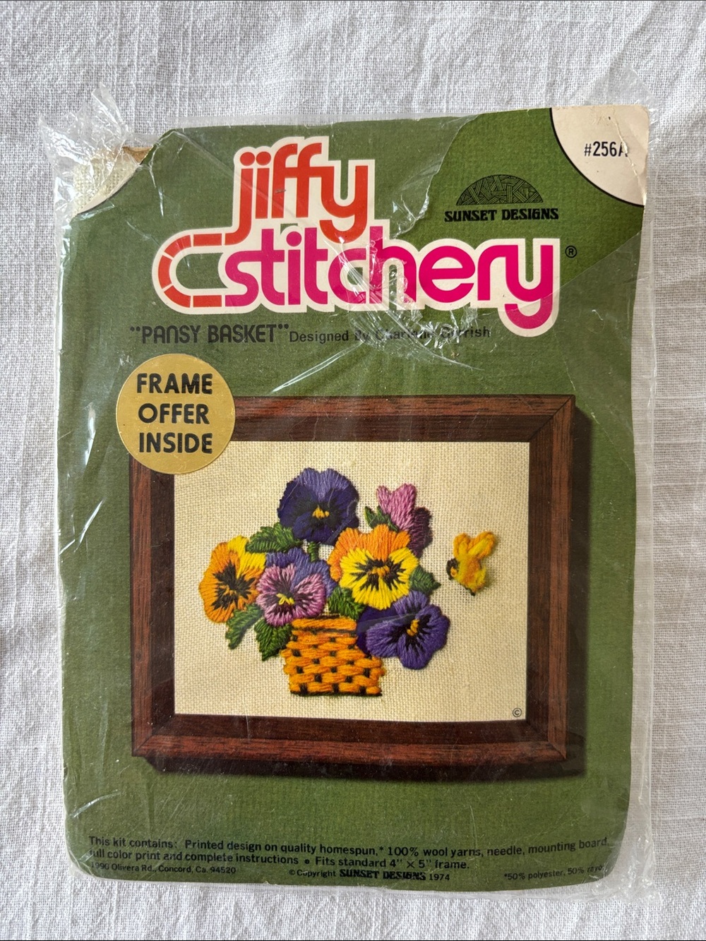 Vintage Jiffy Stitchery kit, basket of flowers, wool, 5x7” finished frame